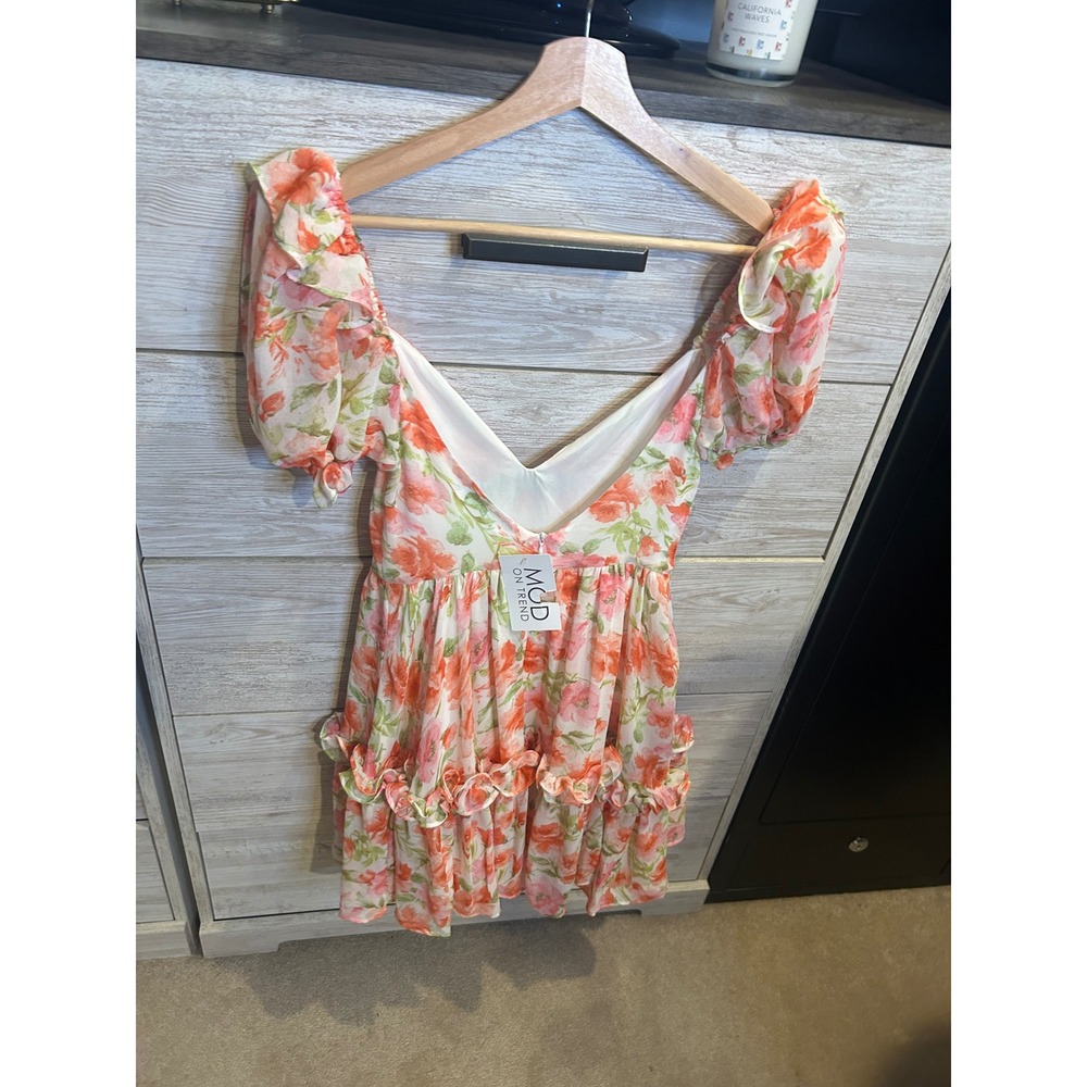 MOD On Trend Pure Elfin Rosie Puff Sleeve Floral Mini Dress Orange Pink Small - Picture 3 of 6
